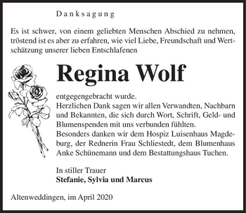 Traueranzeige von Regina Wolf  von Magdeburger Volksstimme