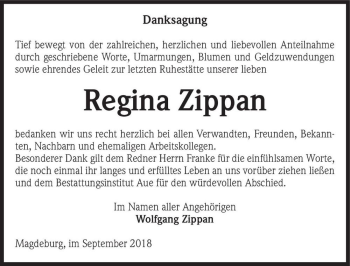 Traueranzeige von Regina Zippan  von Magdeburger Volksstimme