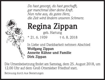 Traueranzeige von Regina Zippan (geb. Hartung)  von Magdeburger Volksstimme