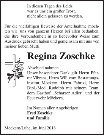 Traueranzeige von Regina Zoschke  von Magdeburger Volksstimme