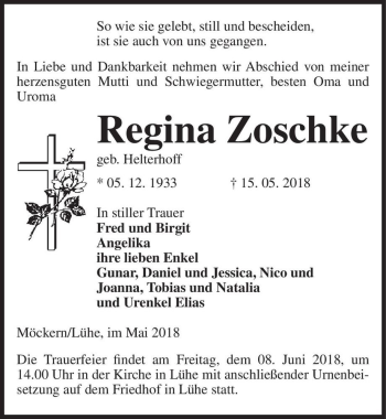 Traueranzeige von Regina Zoschke (geb. Helterhoff)  von Magdeburger Volksstimme