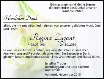 Traueranzeige von Regina Zygant  von Magdeburger Volksstimme