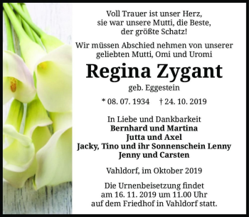 Traueranzeige von Regina Zygant (geb. Eggestein)  von Magdeburger Volksstimme