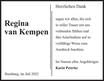 Traueranzeige von Regina van Kempen  von Magdeburger Volksstimme