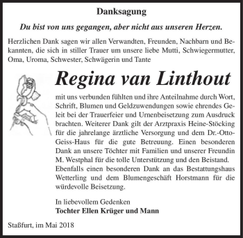 Traueranzeige von Regina van Linthout  von Magdeburger Volksstimme