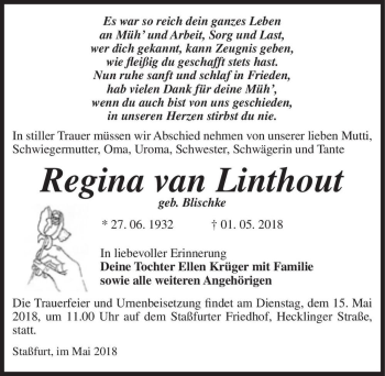 Traueranzeige von Regina van Linthout (geb. Blischke)  von Magdeburger Volksstimme
