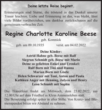 Traueranzeige von Regine Charlotte Karoline Beese (geb.  Komnick)  von Magdeburger Volksstimme