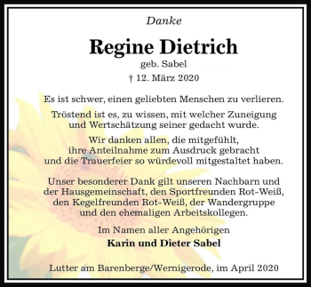 Traueranzeige von Regine Dietrich (geb. Sabel)  von Magdeburger Volksstimme