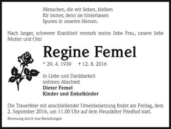 Traueranzeige von Regine Femel  von Magdeburger Volksstimme