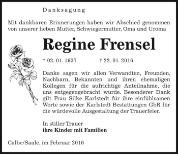 Traueranzeige von Regine Frensel  von Magdeburger Volksstimme