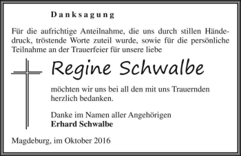 Traueranzeige von Regine Schwalbe  von Magdeburger Volksstimme
