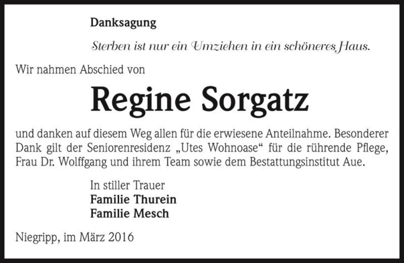  Traueranzeige für Regine Sorgatz  vom 19.03.2016 aus Magdeburger Volksstimme