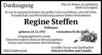 Traueranzeige von Regine Steffen (Vollmann)  von Magdeburger Volksstimme