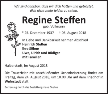 Traueranzeige von Regine Steffen (geb. Vollmann)  von Magdeburger Volksstimme