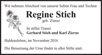 Traueranzeige von Regine Stich (geb. Zierus)  von Magdeburger Volksstimme