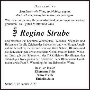 Traueranzeige von Regine Strube  von Magdeburger Volksstimme