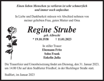 Traueranzeige von Regine Strube (geb. Albrecht)  von Magdeburger Volksstimme