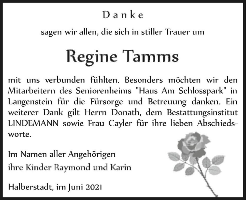  Traueranzeige für Regine Tamms  vom 12.06.2021 aus Magdeburger Volksstimme