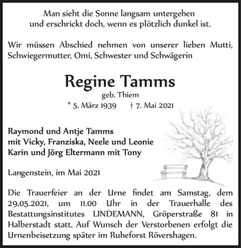 Traueranzeige von Regine Tamms (geb. Thiem)  von Magdeburger Volksstimme