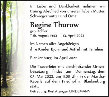 Traueranzeige von Regine Thurow (geb. Köhler)  von Magdeburger Volksstimme