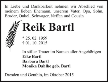 Traueranzeige von Reik Bartl  von Magdeburger Volksstimme