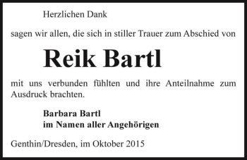 Traueranzeige von Reik Bartl  von Magdeburger Volksstimme