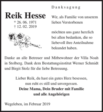 Traueranzeige von Reik Hesse  von Magdeburger Volksstimme