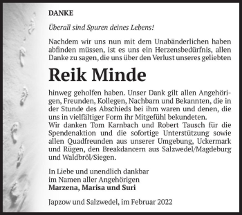 Traueranzeige von Reik Minde  von Magdeburger Volksstimme