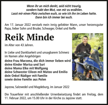 Traueranzeige von Reik Minde  von Magdeburger Volksstimme