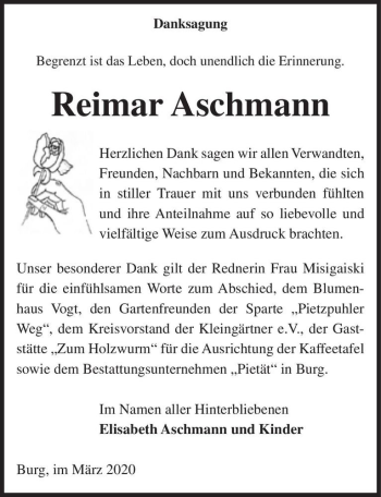 Traueranzeige von Reimar Aschmann  von Magdeburger Volksstimme