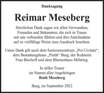 Traueranzeige von Reimar Meseberg  von Magdeburger Volksstimme