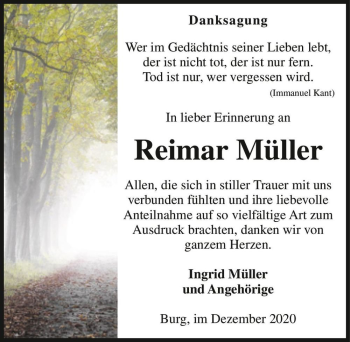 Traueranzeige von Reimar Müller  von Magdeburger Volksstimme