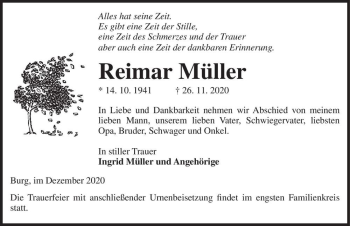 Traueranzeige von Reimar Müller  von Magdeburger Volksstimme