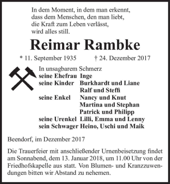 Traueranzeige von Reimar Rambke  von Magdeburger Volksstimme