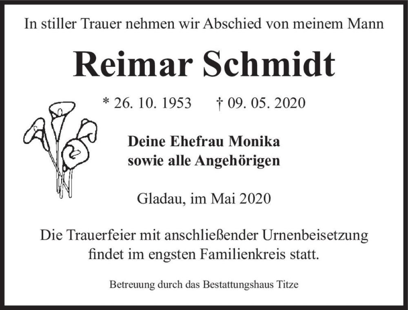  Traueranzeige für Reimar Schmidt  vom 16.05.2020 aus Magdeburger Volksstimme