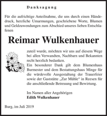 Traueranzeige von Reimar Wulkenhauer  von Magdeburger Volksstimme