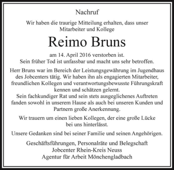 Traueranzeige von Reimo Bruns  von Magdeburger Volksstimme