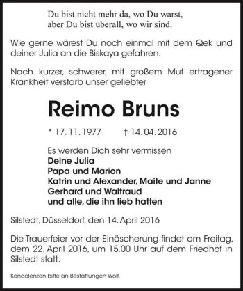 Traueranzeige von Reimo Bruns  von Magdeburger Volksstimme