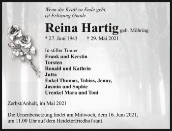 Traueranzeige von Reina Hartig (geb. Möhring)  von Magdeburger Volksstimme