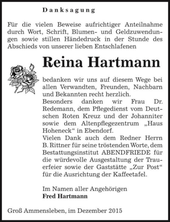 Traueranzeige von Reina Hartmann  von Magdeburger Volksstimme
