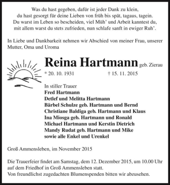 Traueranzeige von Reina Hartmann (geb. Zierau)  von Magdeburger Volksstimme