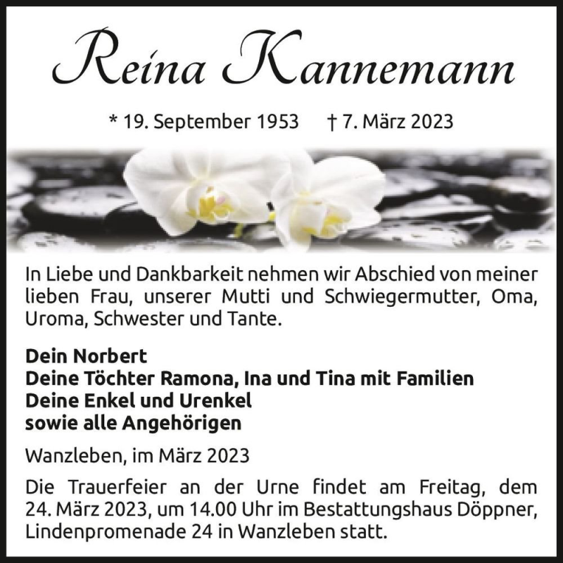  Traueranzeige für Reina Kannemann  vom 11.03.2023 aus Magdeburger Volksstimme