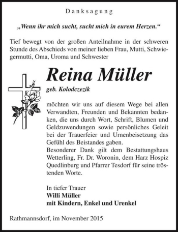 Traueranzeige von Reina Müller (geb. Kolodczezik)  von Magdeburger Volksstimme
