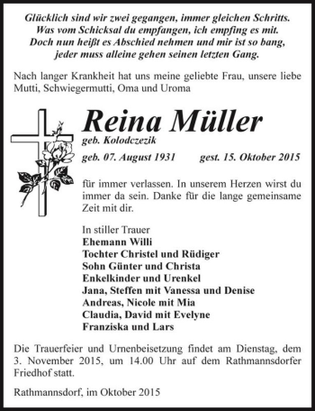 Traueranzeige von Reina Müller (geb. Kolodczezik)  von Magdeburger Volksstimme