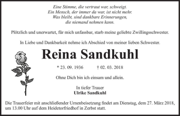 Traueranzeige von Reina Sandkuhl  von Magdeburger Volksstimme