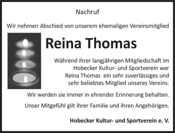 Traueranzeige von Reina Thomas  von Magdeburger Volksstimme