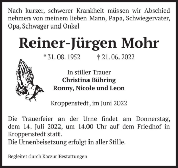 Traueranzeige von Reiner - Jürgen Mohr  von Magdeburger Volksstimme