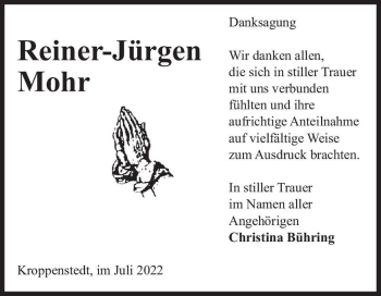Traueranzeige von Reiner-Jürgen Mohr  von Magdeburger Volksstimme