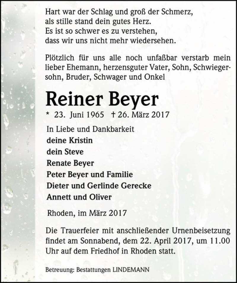  Traueranzeige für Reiner Beyer  vom 01.04.2017 aus Magdeburger Volksstimme