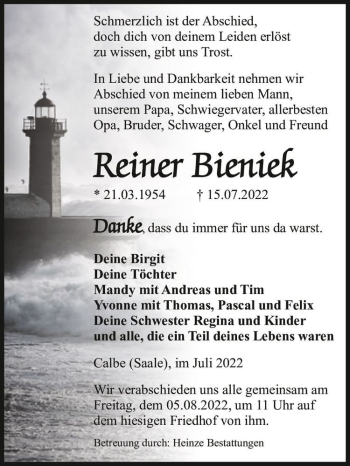 Traueranzeige von Reiner Bieniek  von Magdeburger Volksstimme